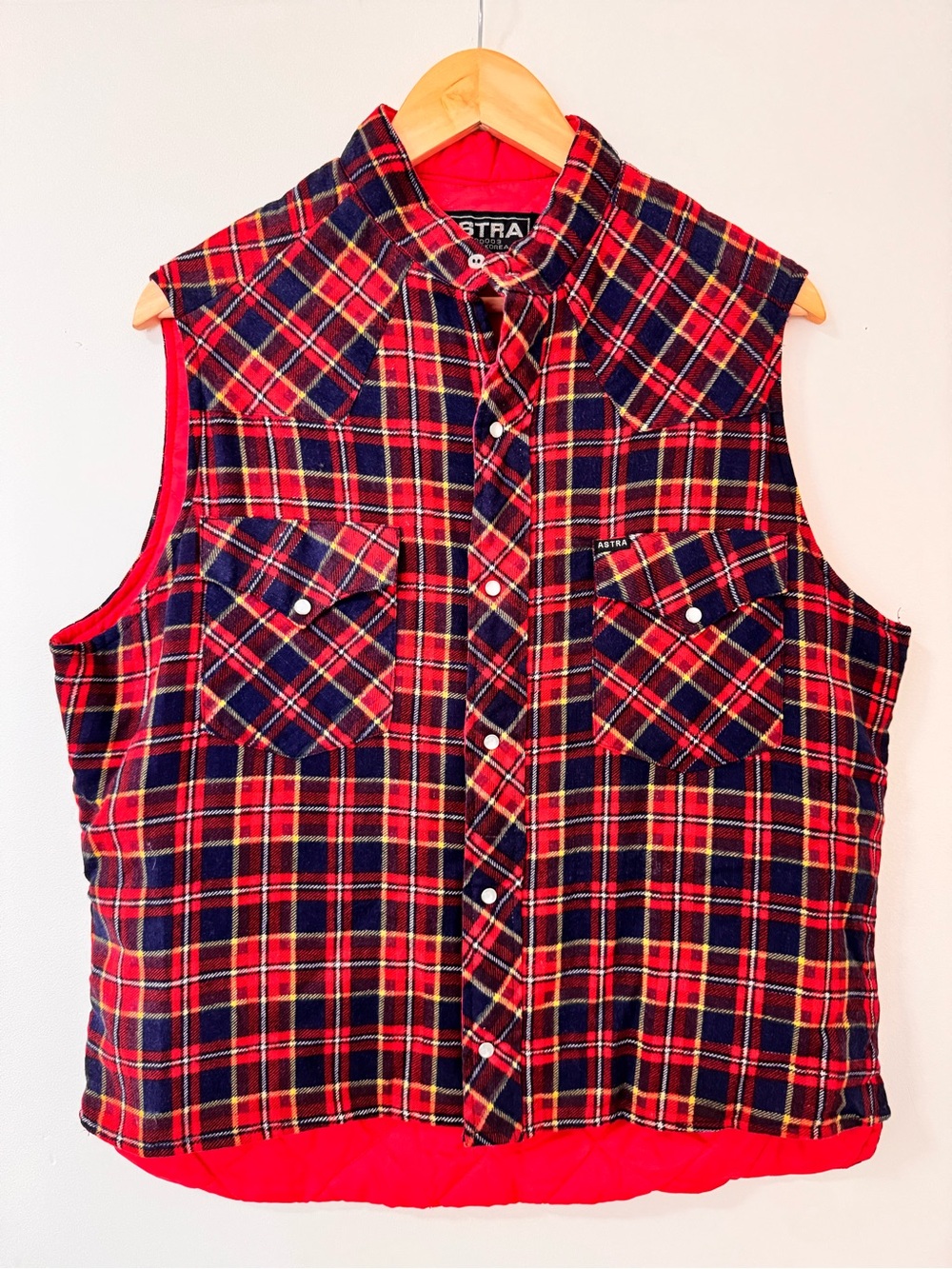 Vintage 90s ASTRA Plaid Quilted Vest Red Navy Tartan Size L